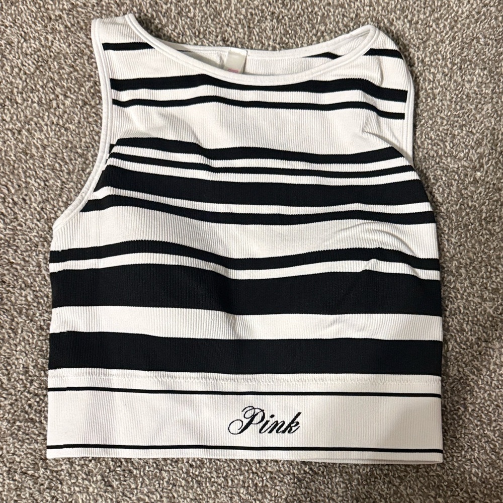 PINK Black and White Striped Crop Top